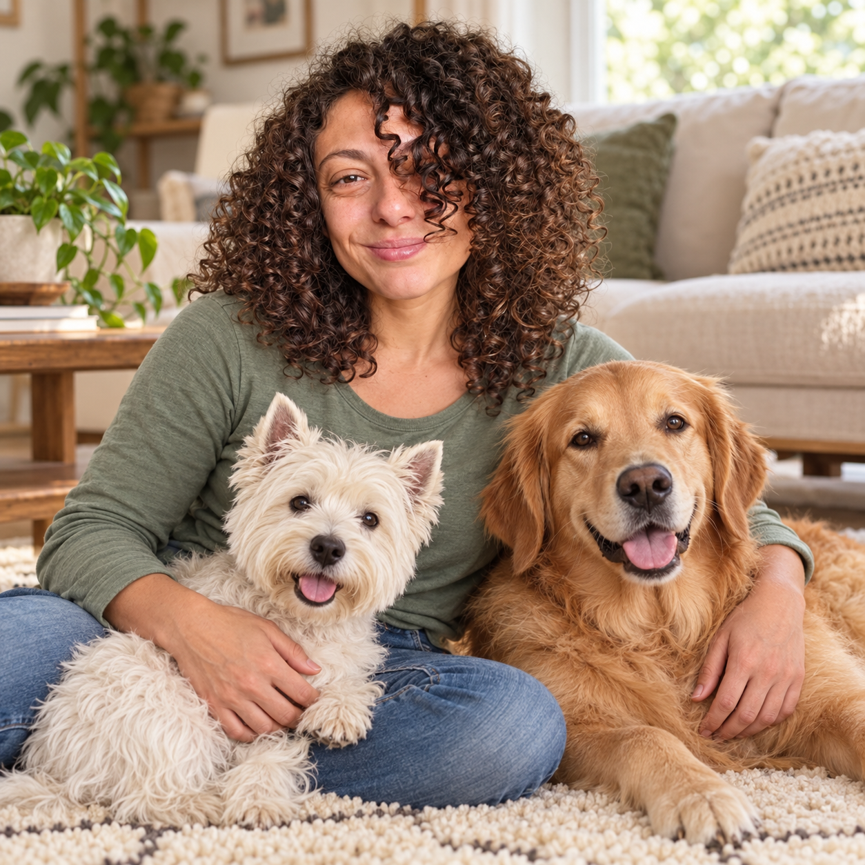 KI-generierte Bildkomposition auf Grundlage eines echten Fotos von Moni, sitzend mit zwei Hunden.